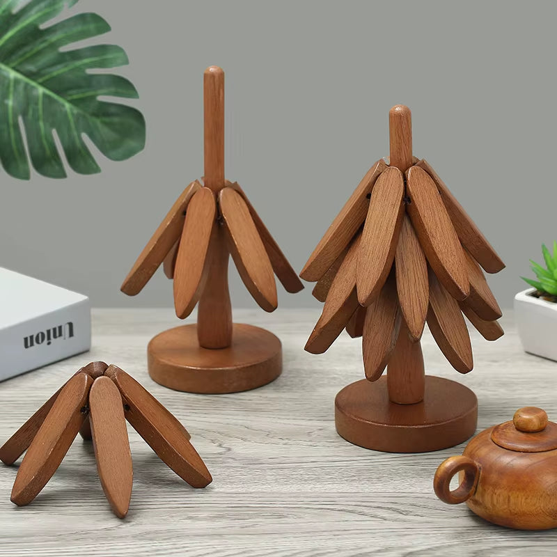 4-Pc Bamboo Tree Trivet Set - Heat-Resistant Wooden Pot Holders