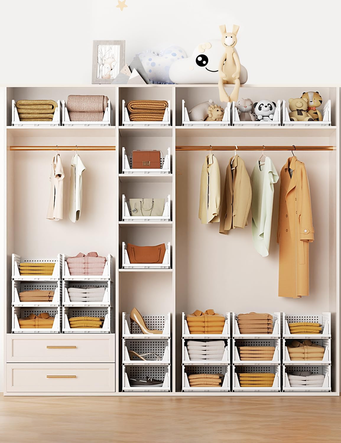 Closet Organizer System, Stackable Plastic Clothes Storage Basket, Stackable, Foldable Organizers for Wardrobe Clothes Organizer Suitable for Bedrooms Bathrooms Kitchen Living Rooms (2Pack)