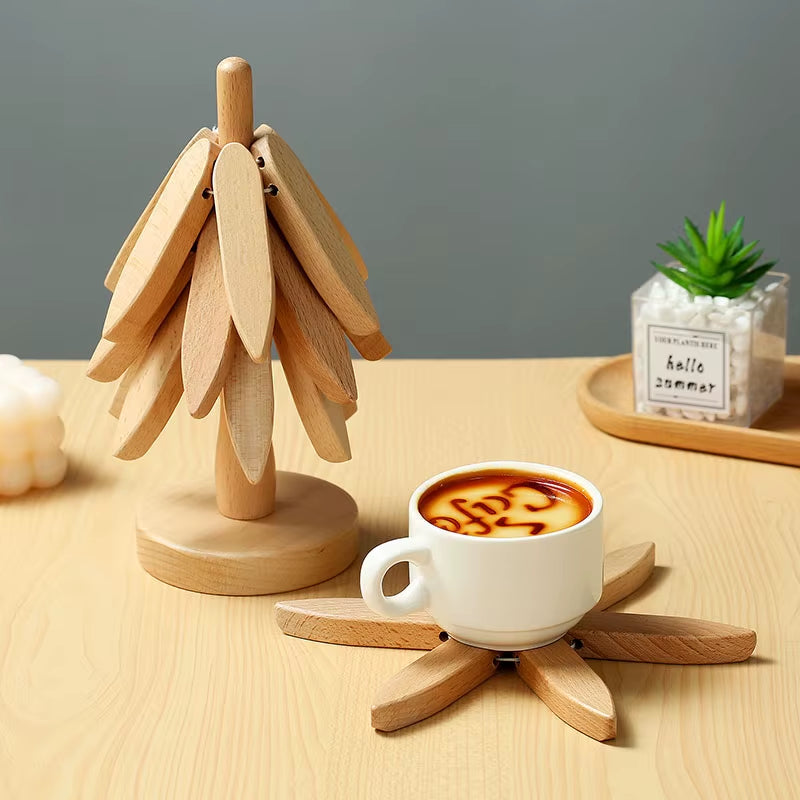 4-Pc Bamboo Tree Trivet Set - Heat-Resistant Wooden Pot Holders