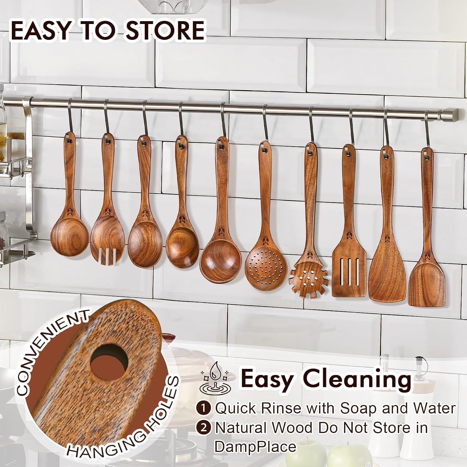 Wooden Spoons for Cooking, 10 Pcs Natural Teak Wood Kitchen Utensils Set, Comfortable Grip Wooden Utensil Set for Nonstick Pans & Cookware, Heat Resistant Wooden Spoons Wooden Spatulas Set