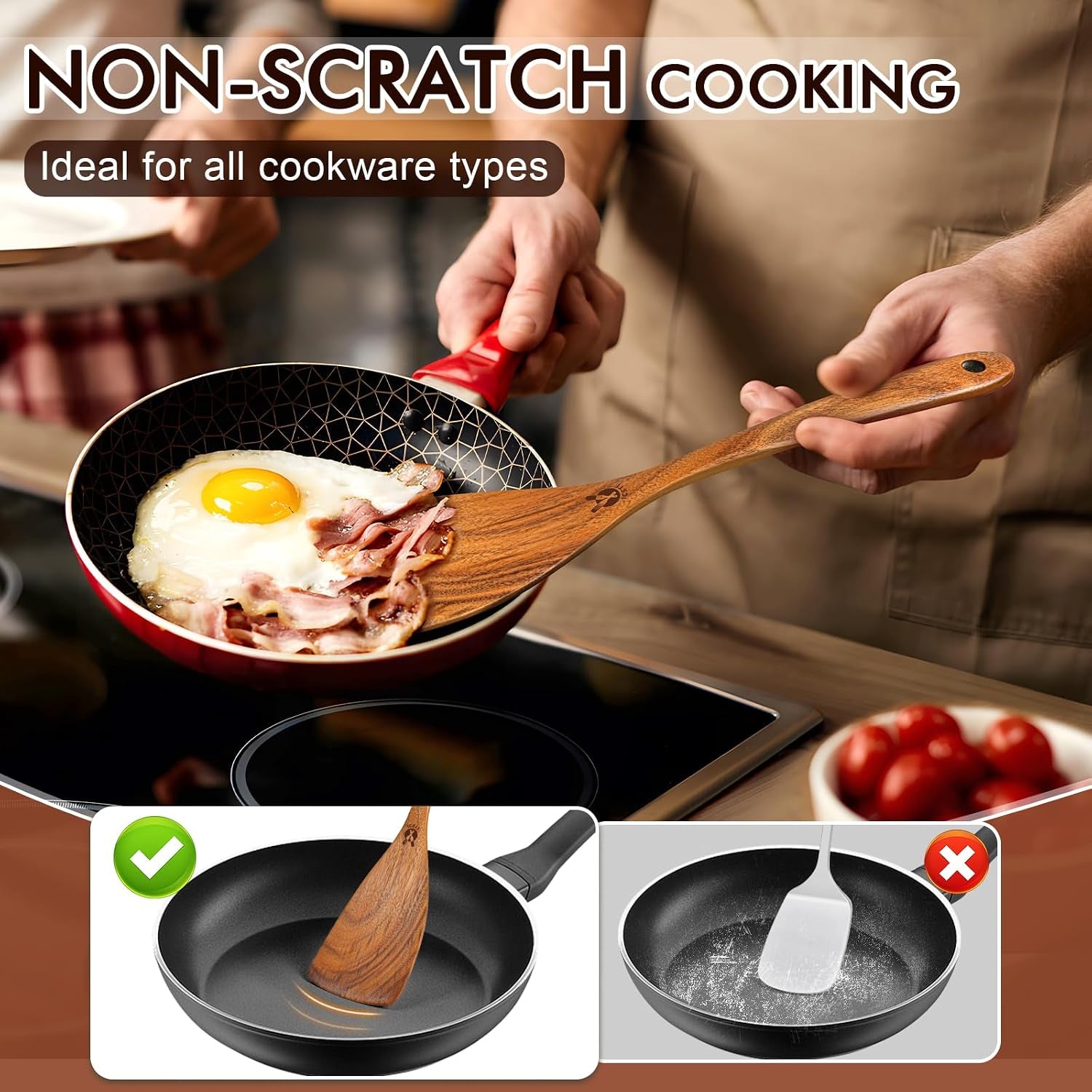 Wooden Spoons for Cooking, 10 Pcs Natural Teak Wood Kitchen Utensils Set, Comfortable Grip Wooden Utensil Set for Nonstick Pans & Cookware, Heat Resistant Wooden Spoons Wooden Spatulas Set