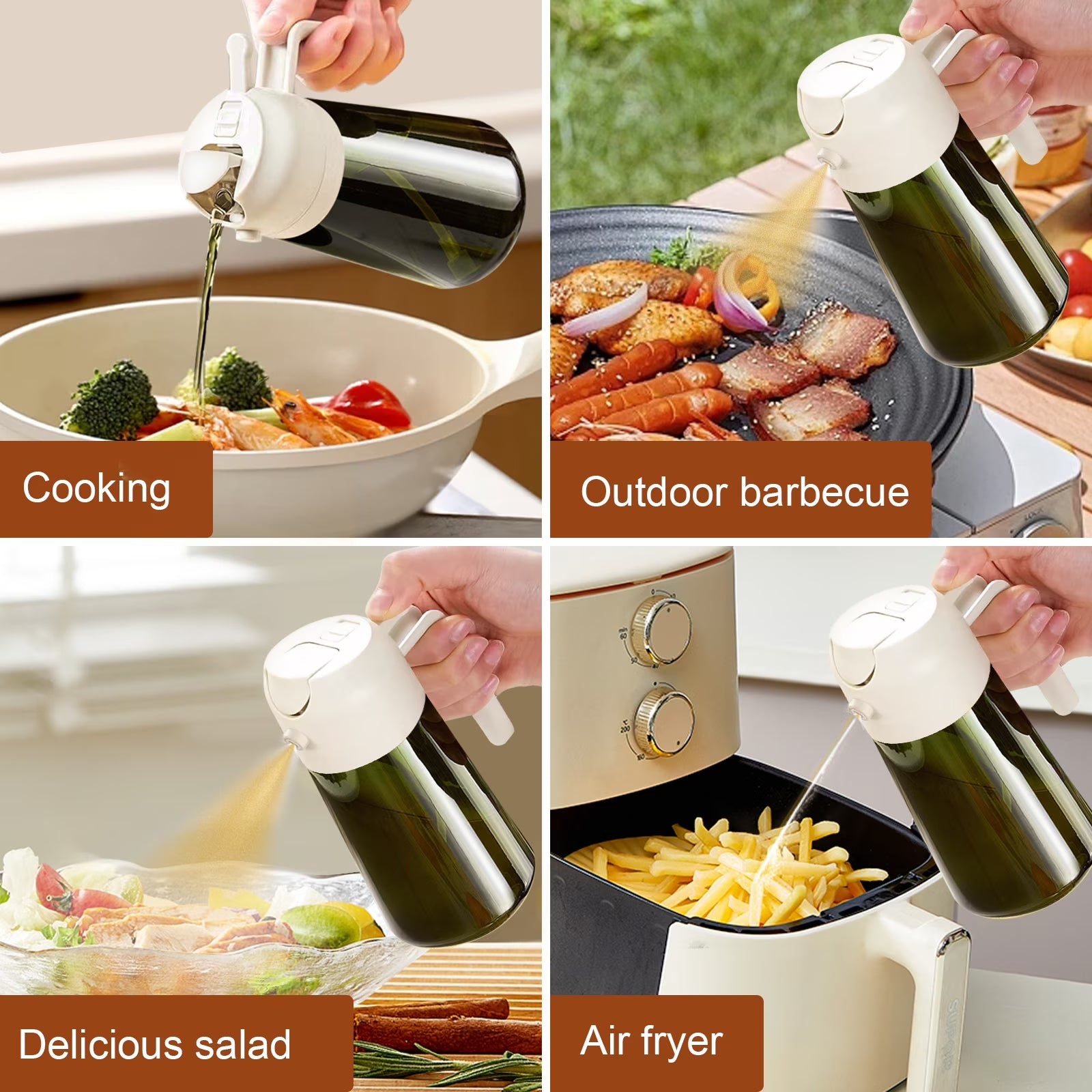 2-In-1 Olive Oil Sprayer & Dispenser with Stickers, 16Oz Dark Glass Oil Bottle for Cooking, Black&White