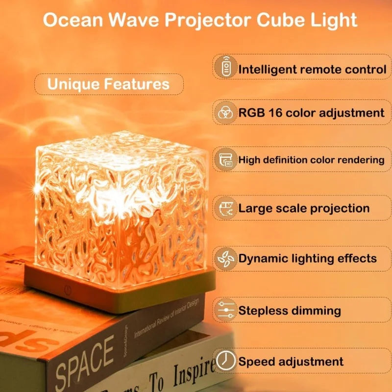 Water Ripple Projector Lamp - 16-Color Rotating Ocean Night Light