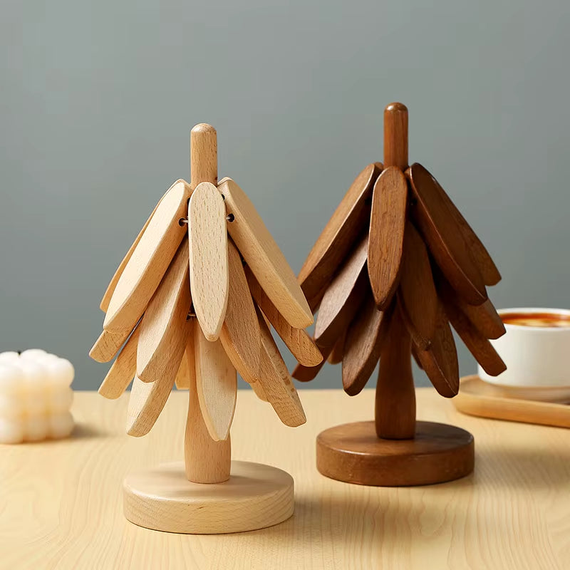 4-Pc Bamboo Tree Trivet Set - Heat-Resistant Wooden Pot Holders