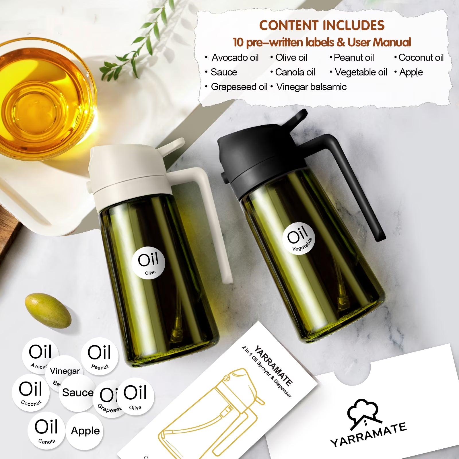 2-In-1 Olive Oil Sprayer & Dispenser with Stickers, 16Oz Dark Glass Oil Bottle for Cooking, Black&White