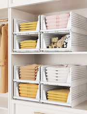 Closet Organizer System, Stackable Plastic Clothes Storage Basket, Stackable, Foldable Organizers for Wardrobe Clothes Organizer Suitable for Bedrooms Bathrooms Kitchen Living Rooms (2Pack)
