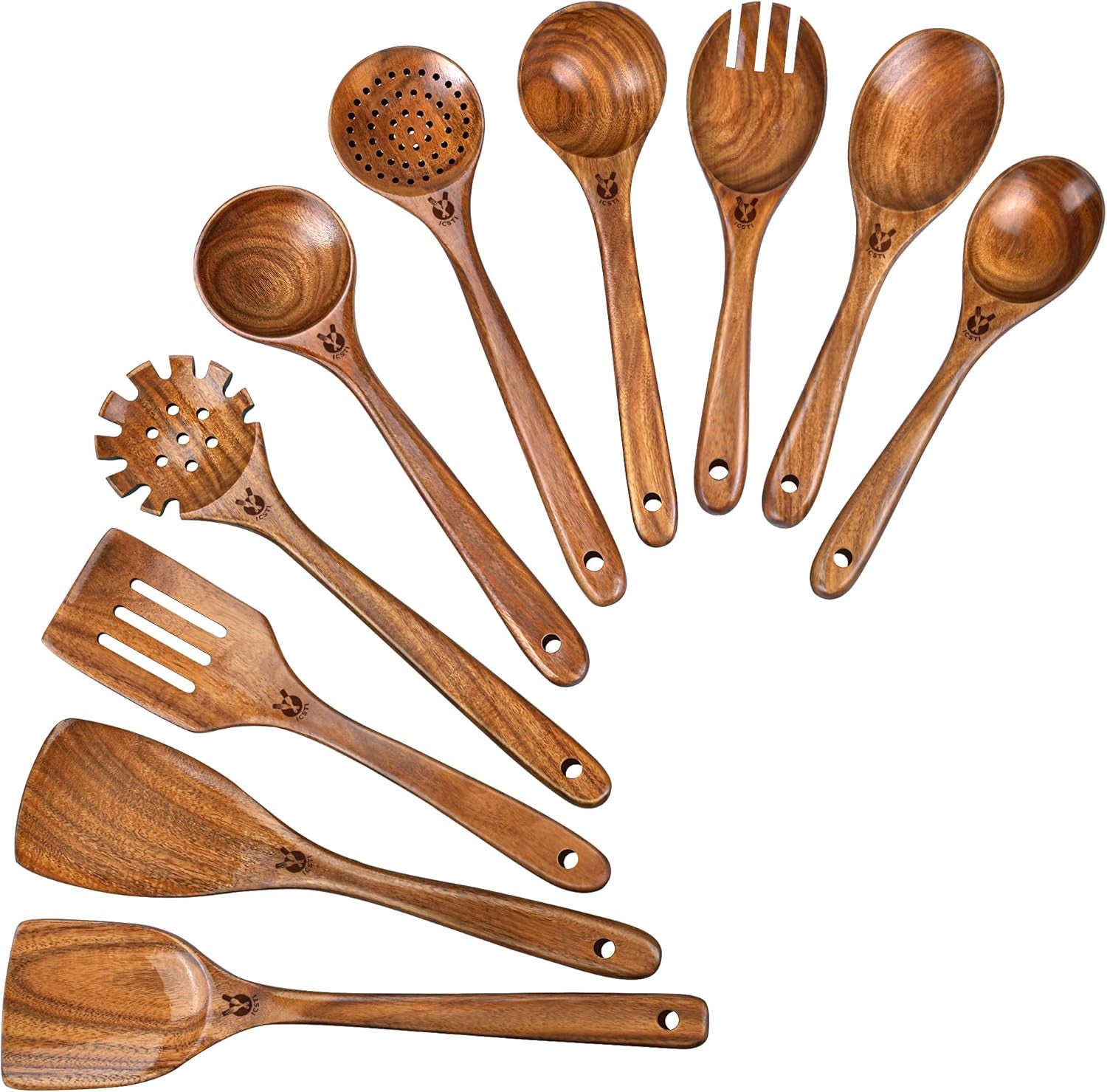Wooden Spoons for Cooking, 10 Pcs Natural Teak Wood Kitchen Utensils Set, Comfortable Grip Wooden Utensil Set for Nonstick Pans & Cookware, Heat Resistant Wooden Spoons Wooden Spatulas Set
