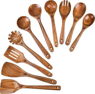 Teak Wooden Utensil Set – 10-Piece Non-Toxic Kitchen Cooking Utensils