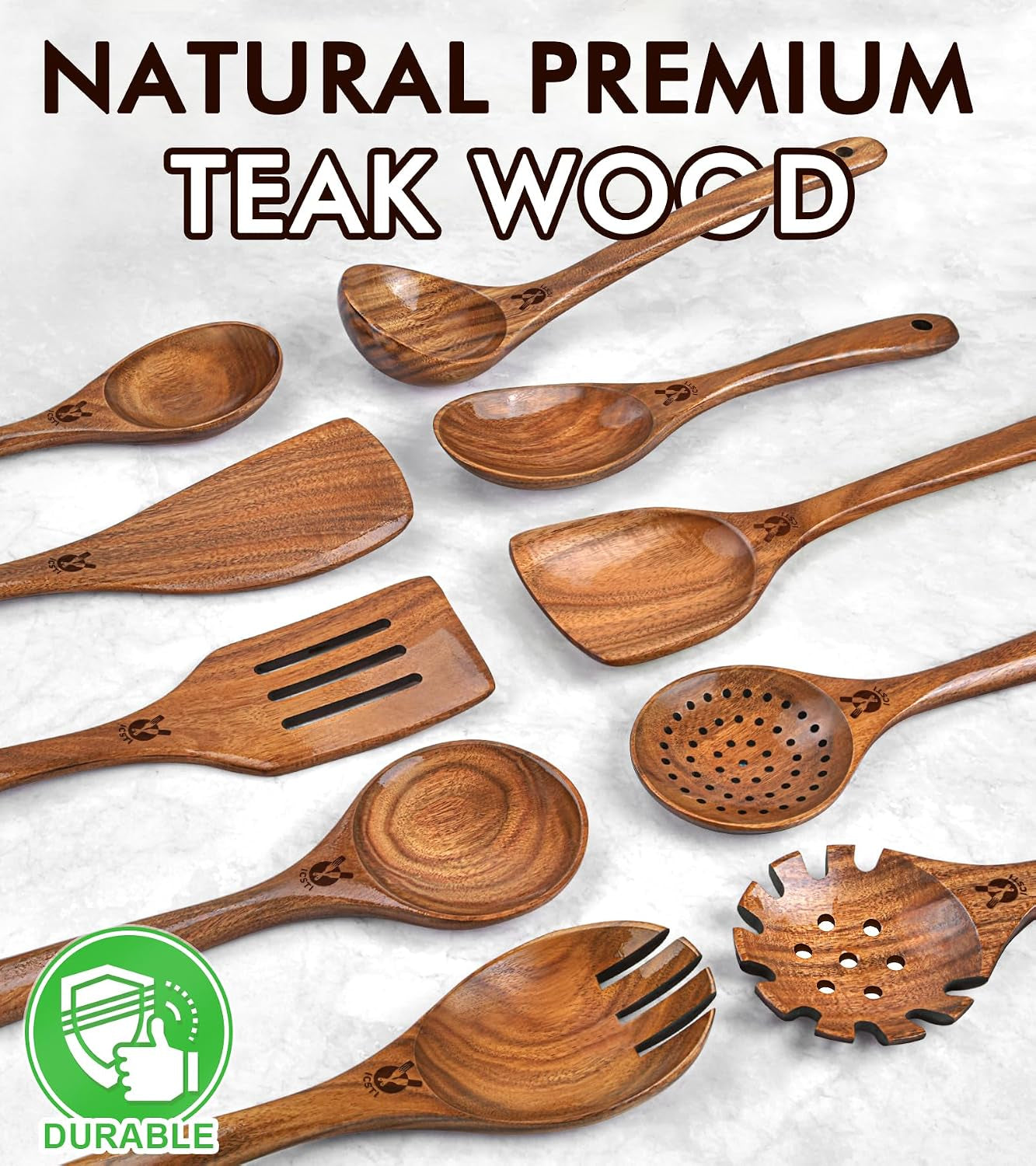 Wooden Spoons for Cooking, 10 Pcs Natural Teak Wood Kitchen Utensils Set, Comfortable Grip Wooden Utensil Set for Nonstick Pans & Cookware, Heat Resistant Wooden Spoons Wooden Spatulas Set