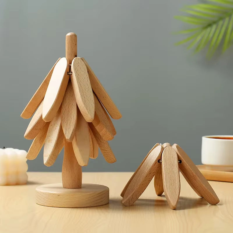 4-Pc Bamboo Tree Trivet Set - Heat-Resistant Wooden Pot Holders