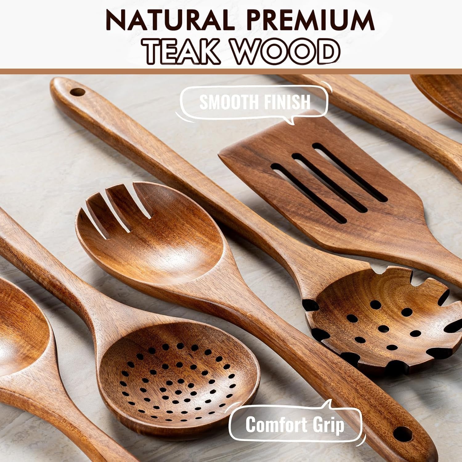 Wooden Spoons for Cooking, 10 Pcs Natural Teak Wood Kitchen Utensils Set, Comfortable Grip Wooden Utensil Set for Nonstick Pans & Cookware, Heat Resistant Wooden Spoons Wooden Spatulas Set